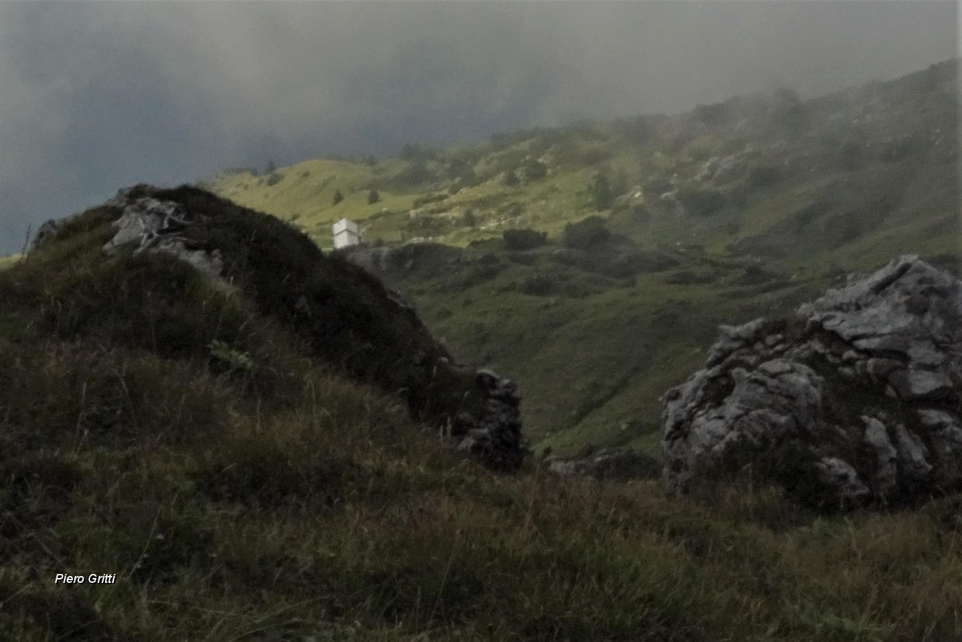 65 Terminata qui la ripida salita a vista su scoscesi pratoni e facili roccette e sono in cresta di vetta .JPG